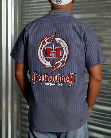 Image of Mens Work Shirt - 3D Work Shirt Grey/Blue Pinstripe W/Red Patch