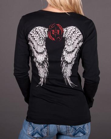 Image of Womens Long Sleeve - Angel Wings Sheer Mini Rib Long Sleeve V-Neck Tee