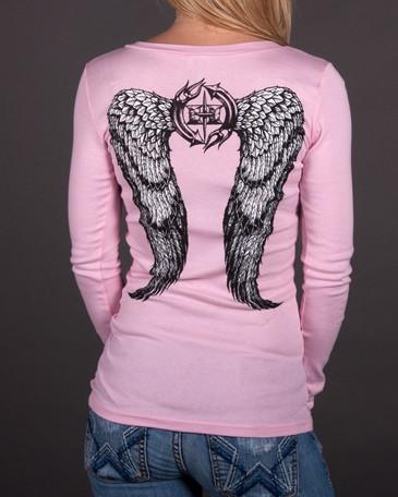 Image of Womens Long Sleeve - Angel Wings Sheer Mini Rib Long Sleeve V-Neck Tee