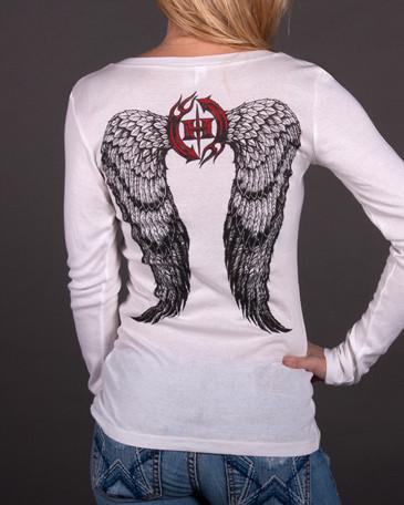Image of Womens Long Sleeve - Angel Wings Sheer Mini Rib Long Sleeve V-Neck Tee