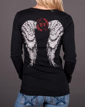 Womens Long Sleeve - Angel Wings Sheer Mini Rib Long Sleeve V-Neck Tee